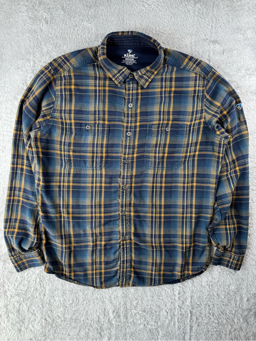 Kuhl Flannel Shirt‎ Medium Blue Yellow Plaid Button Up Outdoor Hiking